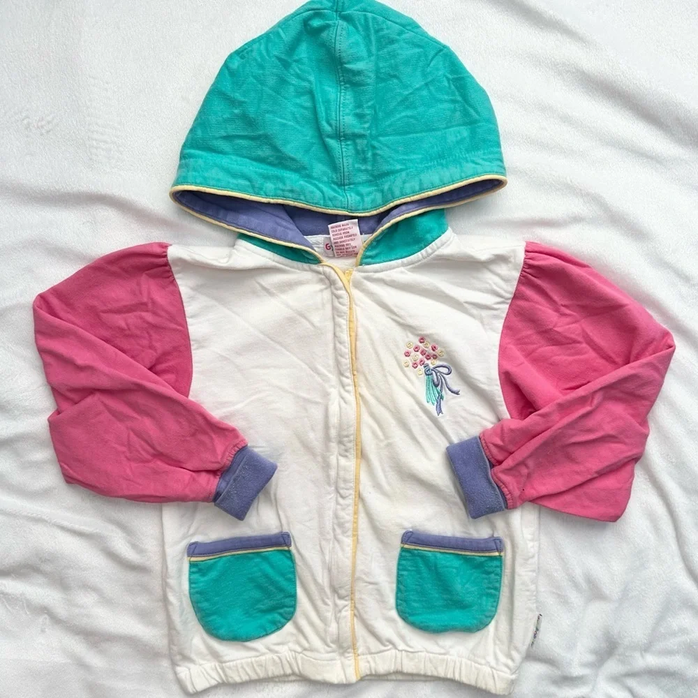 Vintage Gymboree Rainbow Tag Color Block Hoodie Jacket w/Flowers Girls 4T L RARE